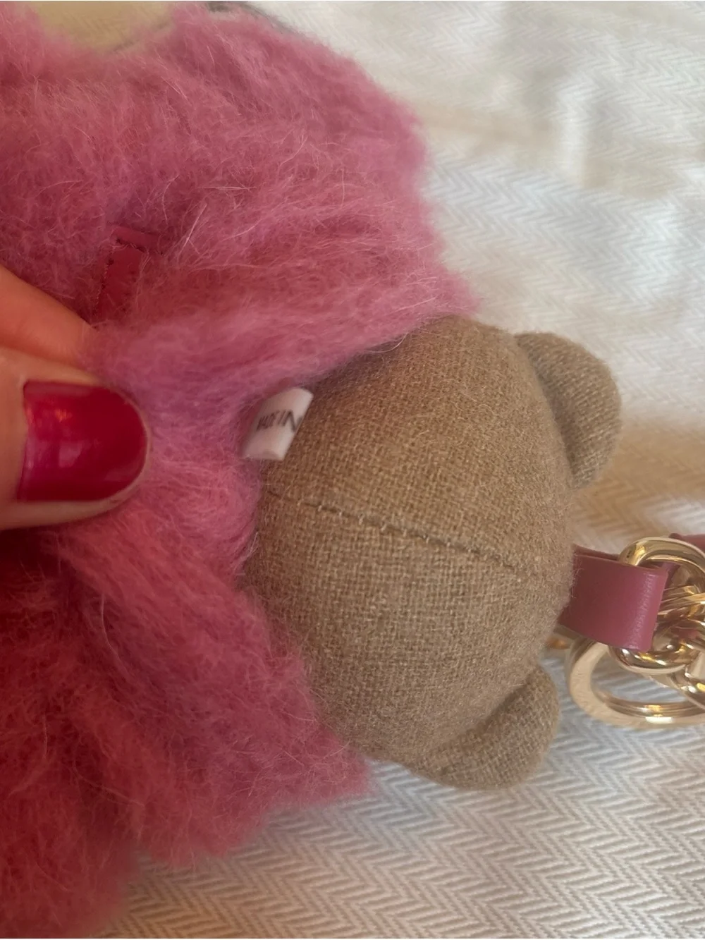 MaxMara Brown Bear Bag Charm with Pink Wool Fur Coat and Gold Hardware